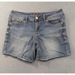 Sevin 7 Denim Shorts Womens SZ 10 Blue Thick Stitch Embroidered Whiskers Bermuda